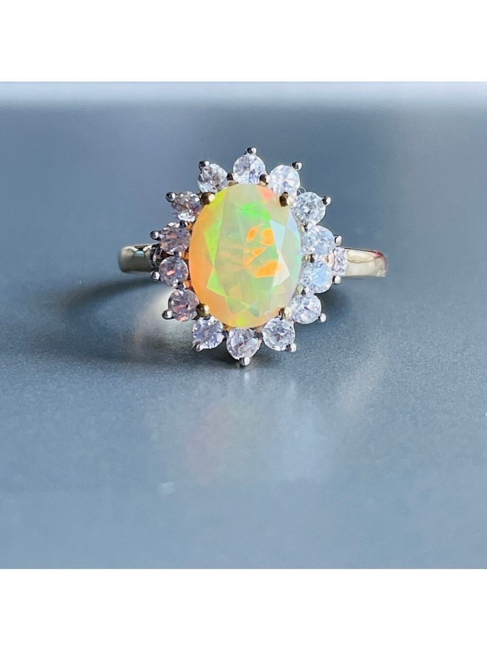 10k Gold High Quality Natural Opal & White Topaz Halo Beautiful Ring TGG…